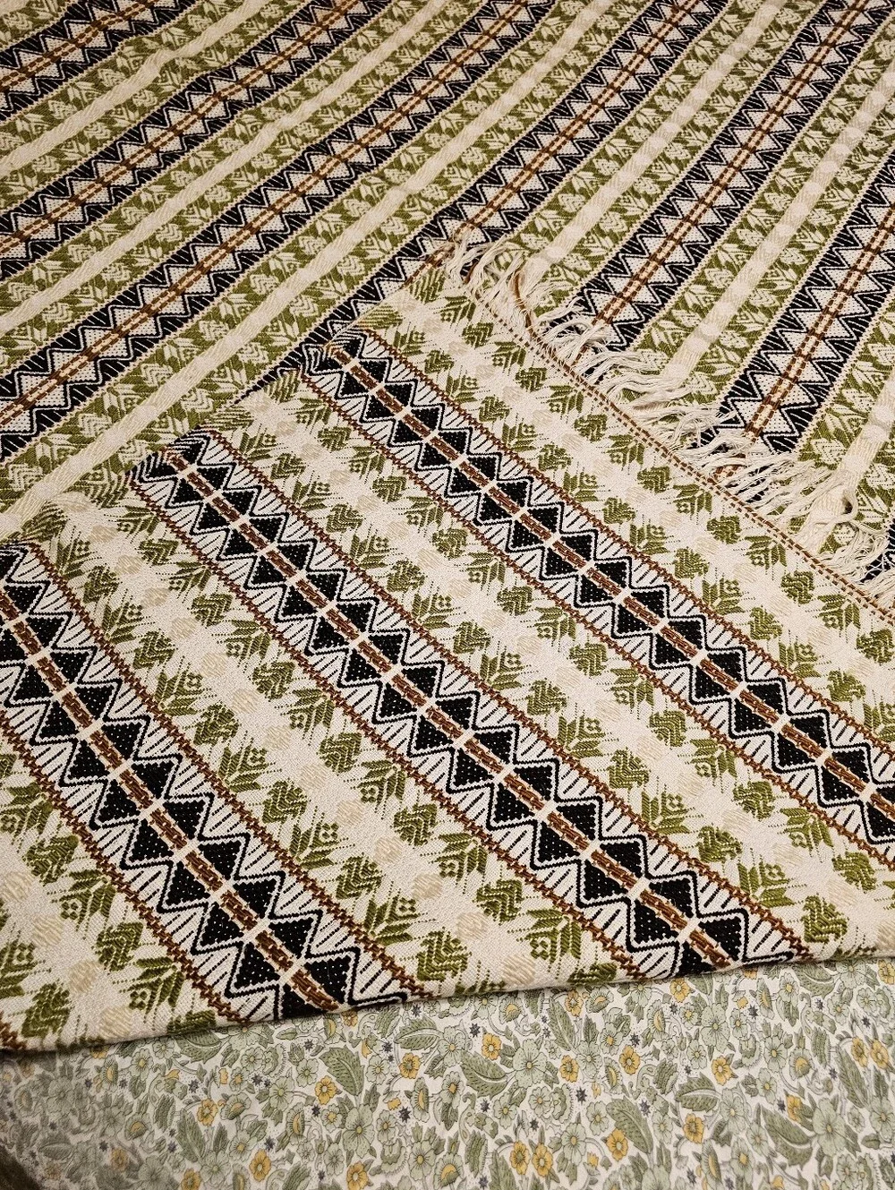 Vintage 70s Handwoven Cotton Geometric Queen Blanket Coverlet